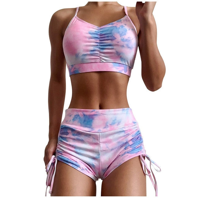 Newest Tie Dye Women 2 Pcs Yoga Suits Fitness Sportswear Clothes Breathable Bra Short Set