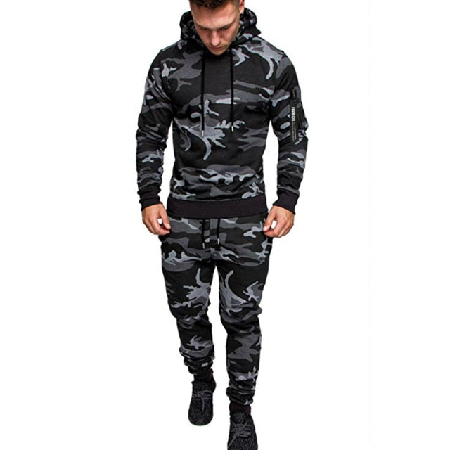 2 Pieces Tracksuit Men's Hoodie Set Military Camouflage Muscle Man Autumn Winter Tactical Sweat Top and Jacket Pants