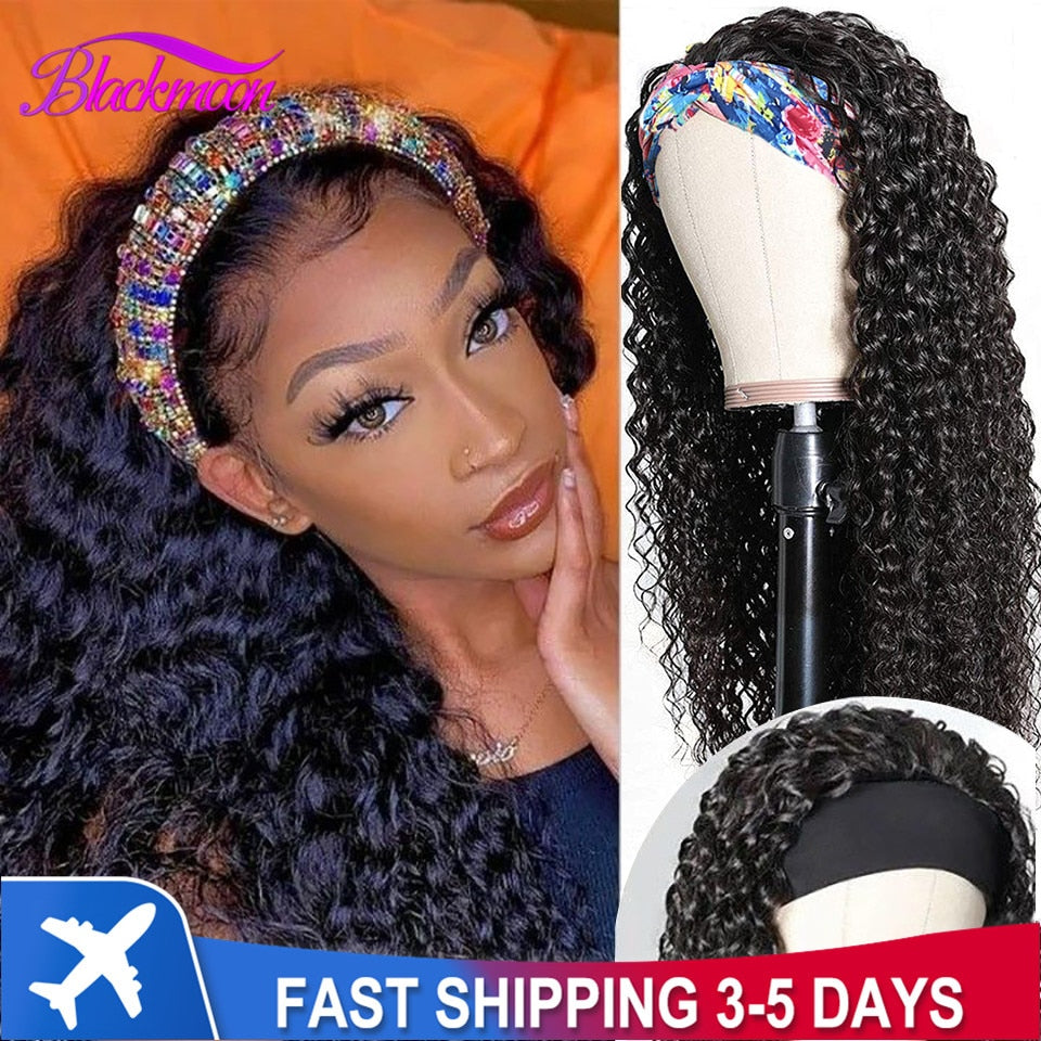Brazilian Curly Hair Headband Wig Glueless Scarf Remy Human Hair Wigs for Black Women Cheap Full Machine Made Wig Natural Color
